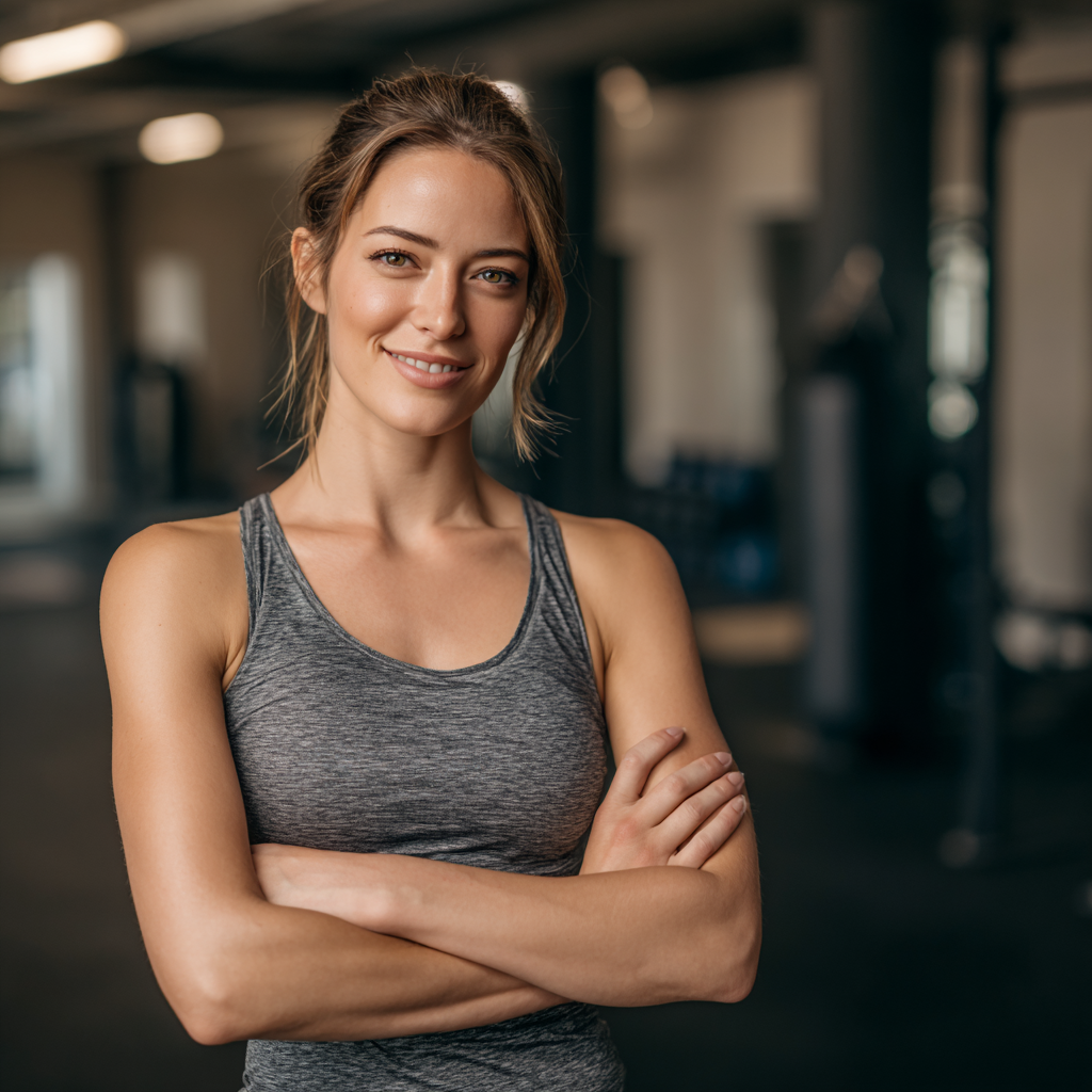 Чоловік європейської зовнішності 35-40 років з доброзичливою посмішкою, виконує функціональну вправу з гантелями в сучасному спортзалі